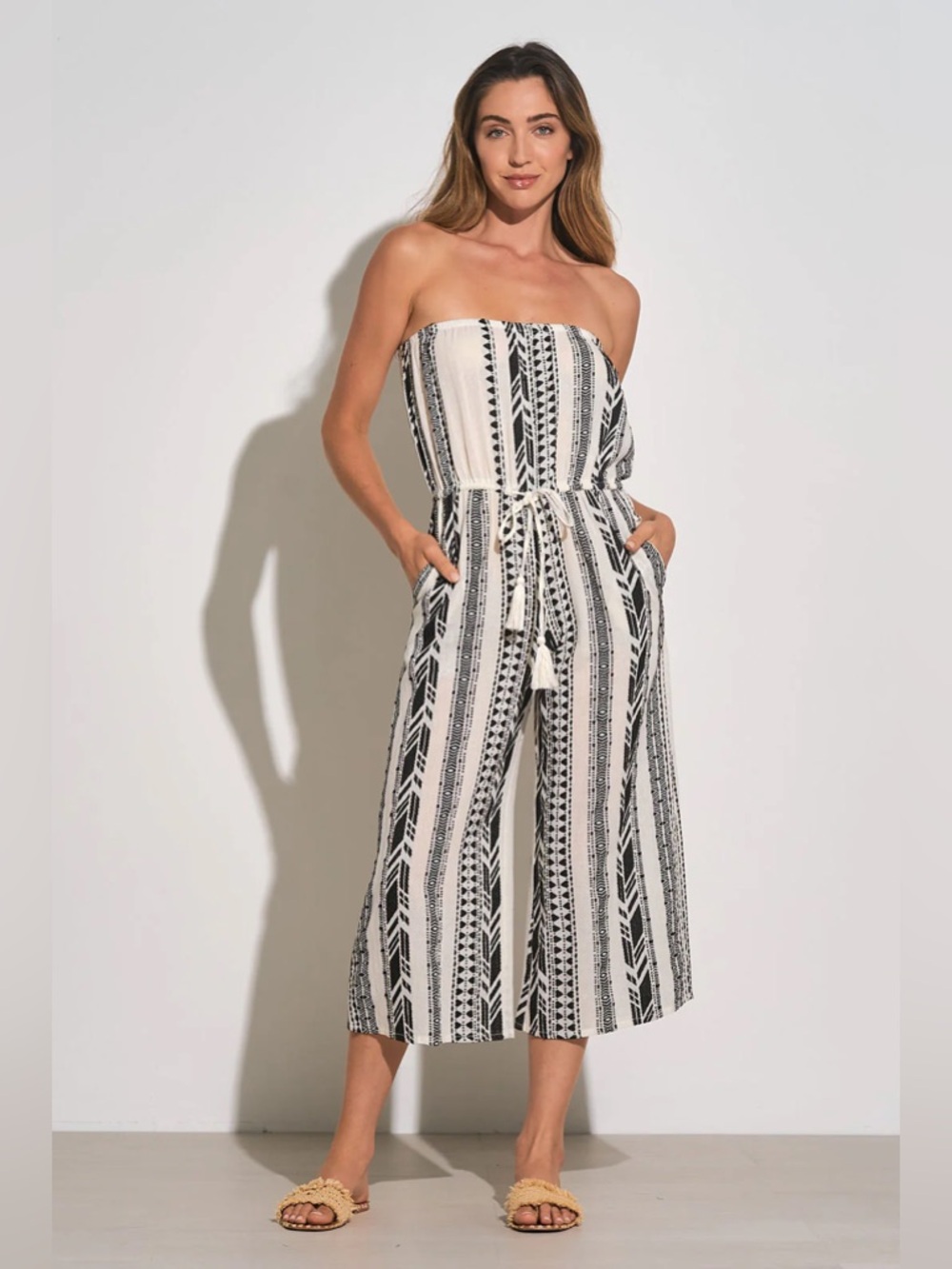 Elan Black Beige Printed Strapless Jumpsuit Size Small